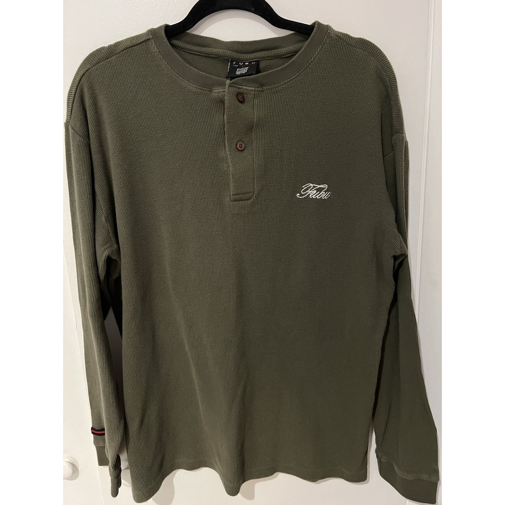 Fubu Long Sleeve Mens Large Green Henley Y2K Hip Hop‎ Rap Streetwear